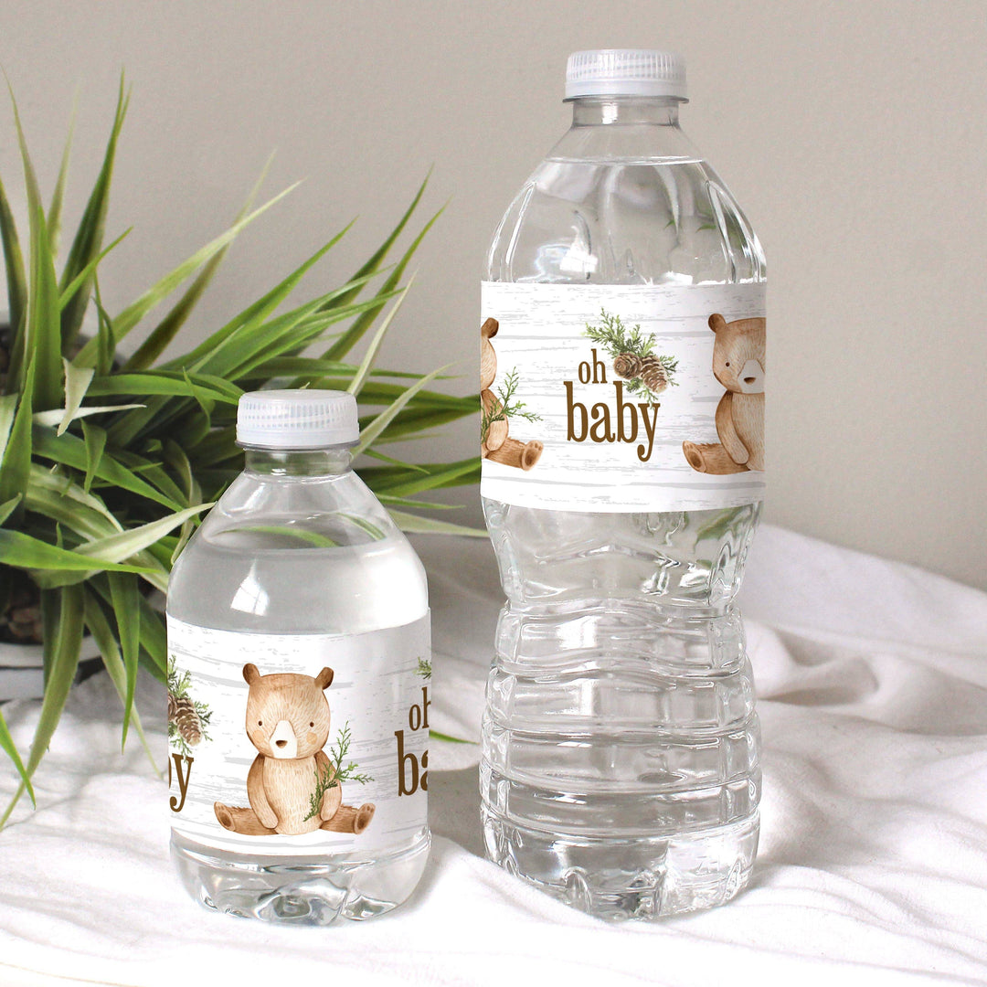 Woodland Bear: Baby Shower Water Bottle Labels - 24 Stickers - Distinctivs Party