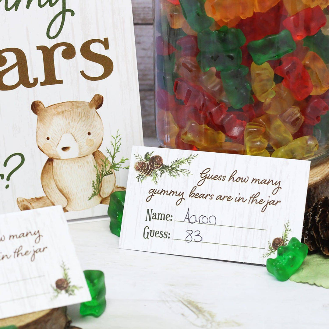 Woodland Bear: How Many Gummy Bears Baby Shower Game - Sign + 30 Cards - Distinctivs Party