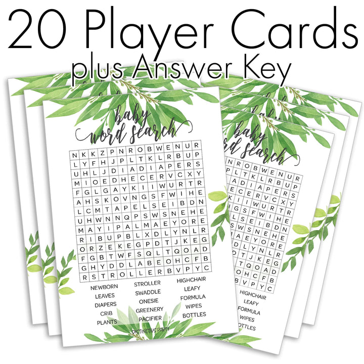 Word Search Baby Shower Party Game - Greenery Gender Neutral Theme - 20 Player Cards