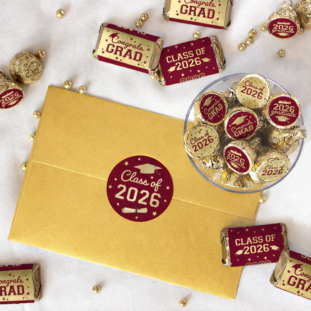 Maroon & Gold Graduation Party favor stickers – Class of 2026