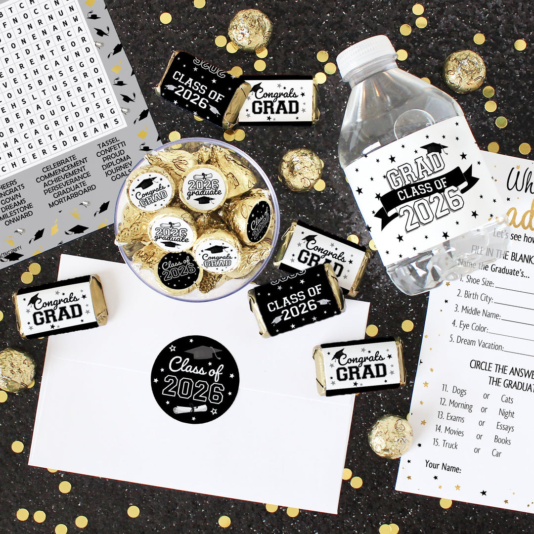 black and white graduation party games and stickers