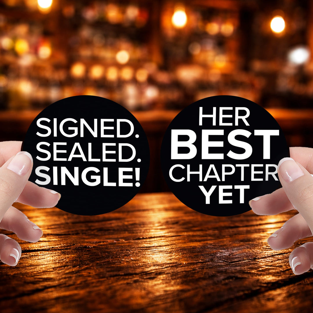 Signed Sealed Single Divorce Party Round Stickers – 40 Black & White Favor Labels and Envelope Seals, 1.75 Inch