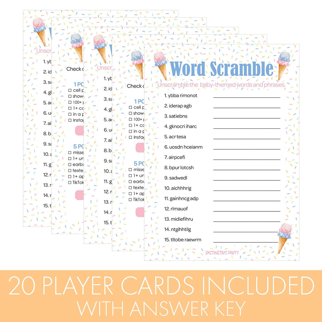 What's the Scoop:  Ice Cream - Gender Reveal Party Game - What's On Your Phone and Word Scramble - Two Game Bundle -  20 Dual Sided Cards