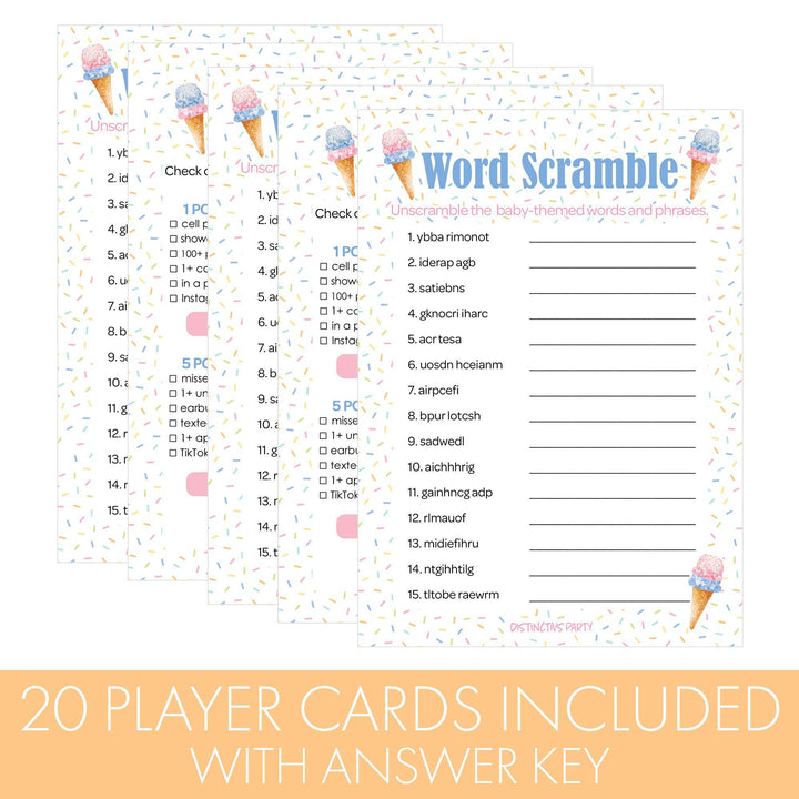 What's the Scoop:  Ice Cream - Gender Reveal Party Game - What's On Your Phone and Word Scramble - Two Game Bundle -  20 Dual Sided Cards