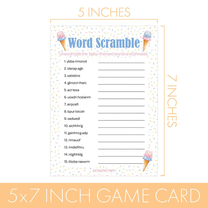 What's the Scoop:  Ice Cream - Gender Reveal Party Game - What's On Your Phone and Word Scramble - Two Game Bundle -  20 Dual Sided Cards