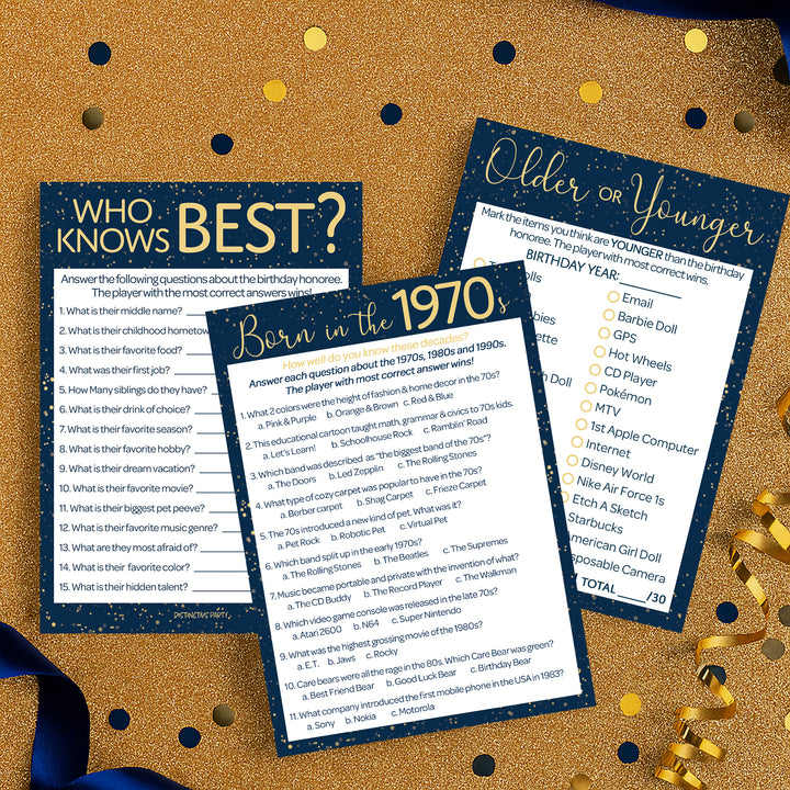 Born in The 1970s: Navy Blue & Gold - 50th or 55th Birthday Party Game Bundle - 3 Games for 20 Guests