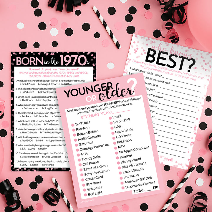 Born in The 1970s Pink & Black - 50th Birthday Party Game Bundle - 3 Games for 20 Guests