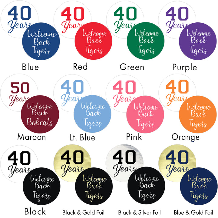 Pegatinas personalizadas para recuerdos de fiesta de reunión de clase - 180 unidades (12 opciones de color)