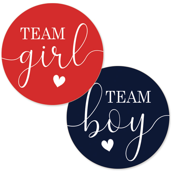 Two round sticker designs on a white background: one red circle reading "TEAM girl" in white, and one navy circle reading "TEAM boy" in white, each with a small white heart below.