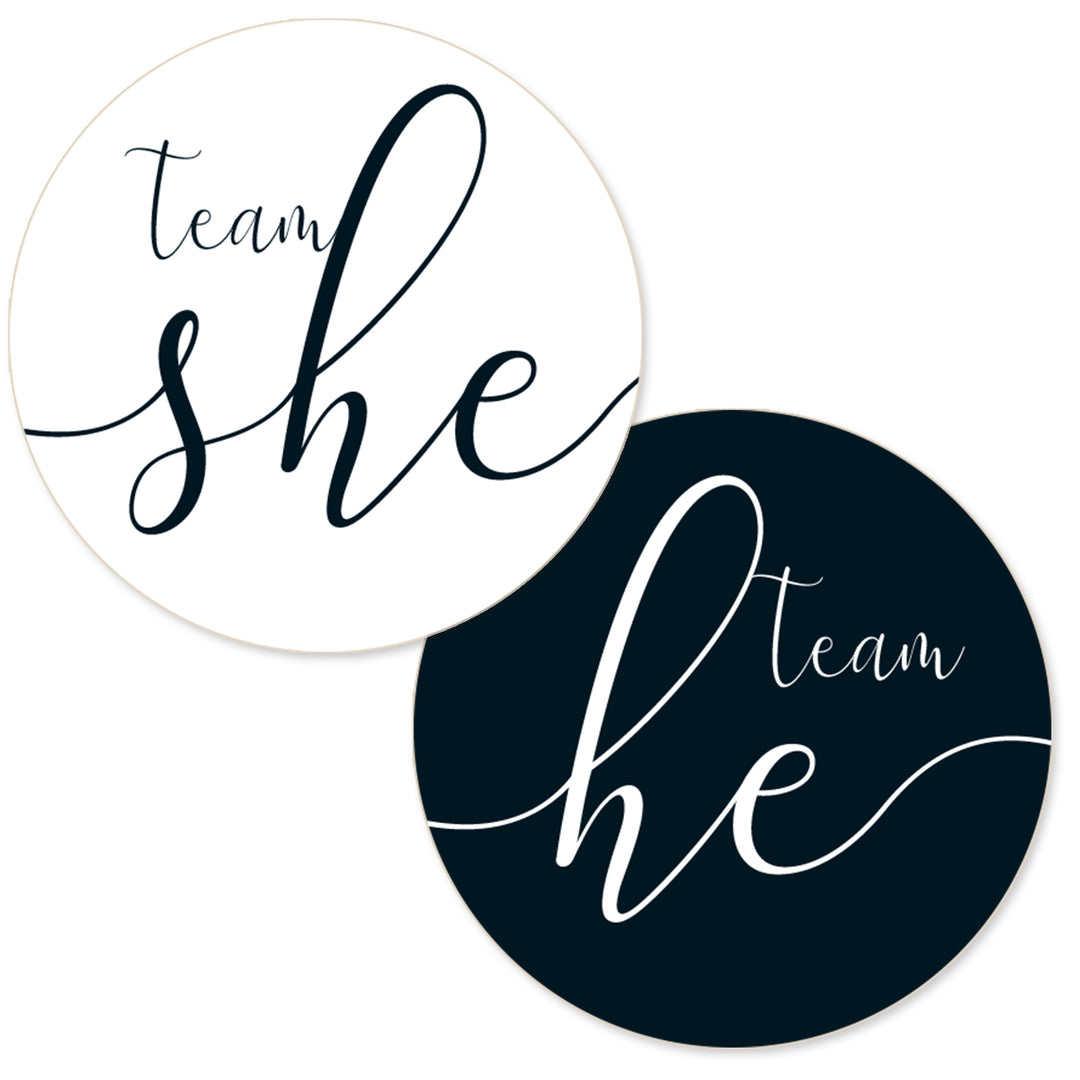 Two round sticker designs with script text reading 'team she' and 'team he' on a white background.