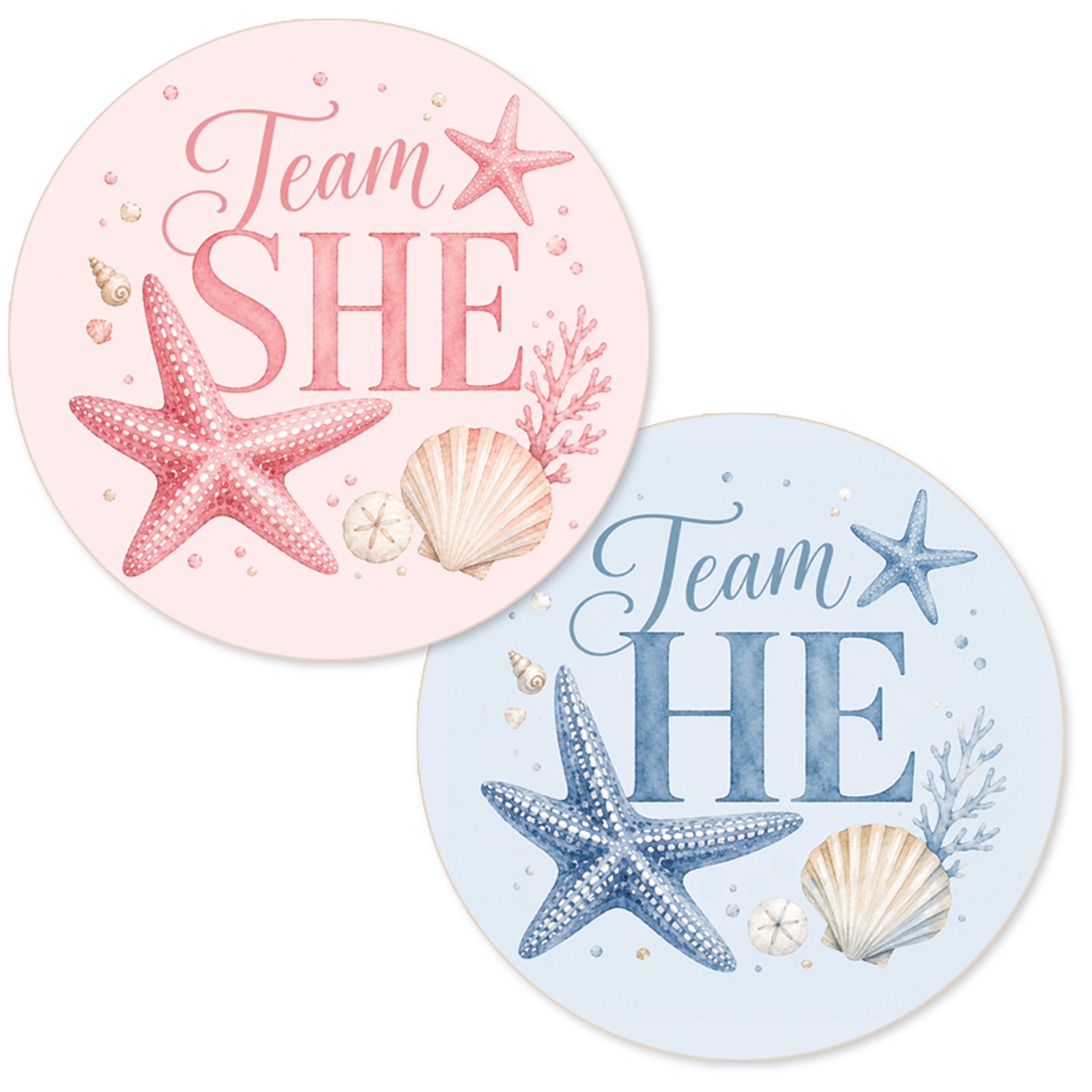 Two round decorative stickers with a nautical theme, one in light pink and one in light blue, featuring the text 'Team SHE' and "Team HE' with a starfish, shell, and coral illustration.