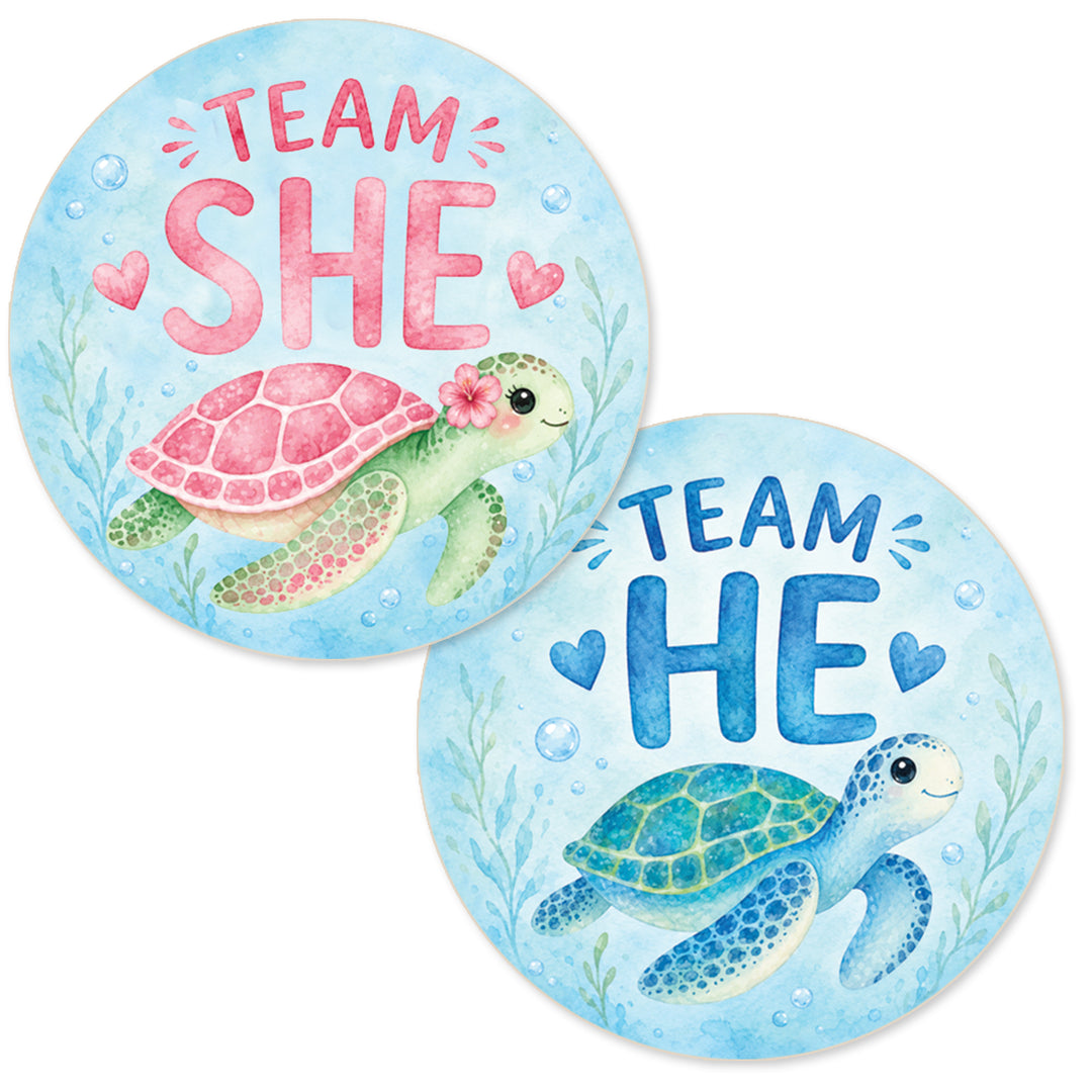 Two round decorative stickers or decals that are sea turtle themed for a baby gender reveal