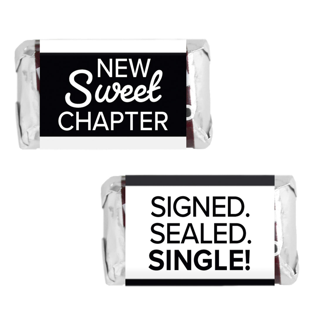 Signed Sealed Single Divorce Party Mini Candy Bar Stickers – 42 Black & White Candy Favor Labels