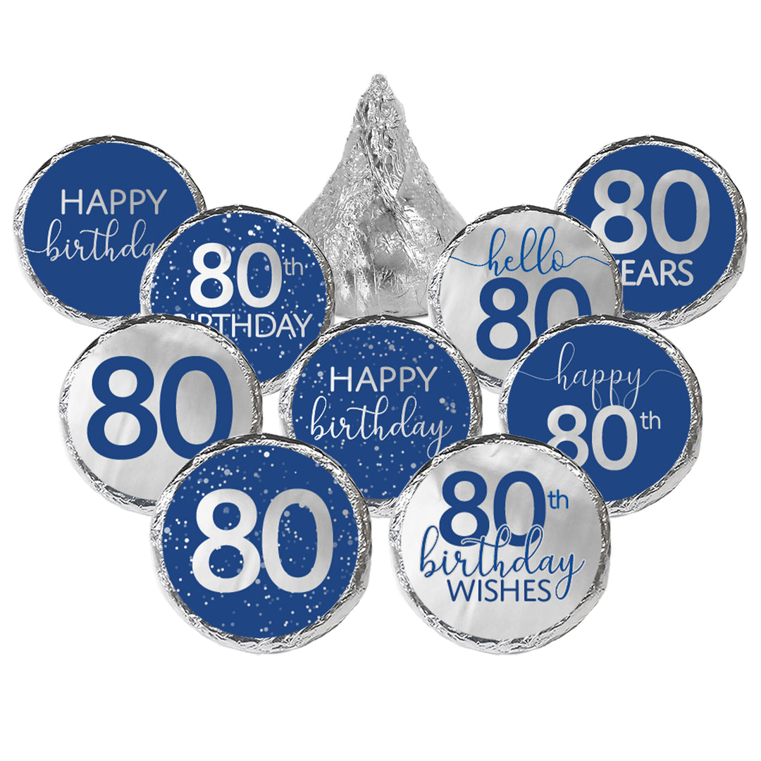 Blue and Silver 80th Birthday Stickers - Fits Hershey's Kisses Candy - 216 Labels