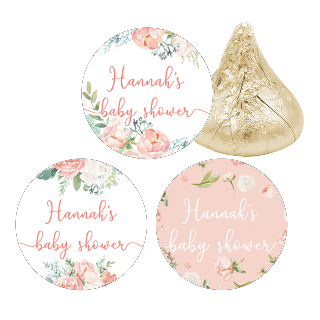 Personalized Pink Floral: Baby Shower Favor Stickers - Fits on Hershey's Kisses - Spring, Girl - 180 Stickers