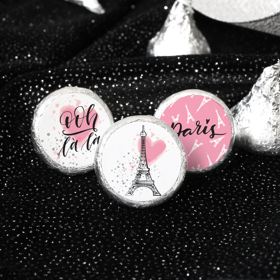 París en rosa: cumpleaños infantil - Pegatinas para regalos de fiesta - Se adapta a Hershey's Kisses - 180 pegatinas
