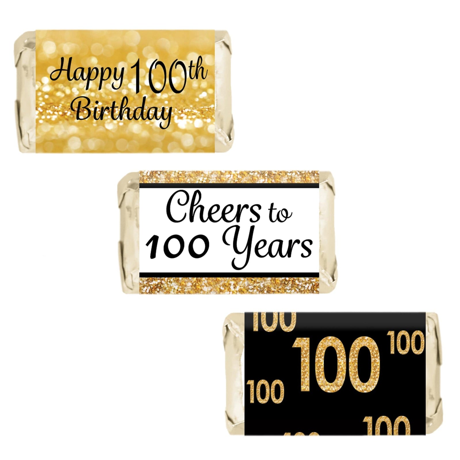 100th Birthday: Black and Gold - Adult Birthday -  Hershey's Miniatures Candy Bar Wrappers Stickers - 45 Pack - Distinctivs Party