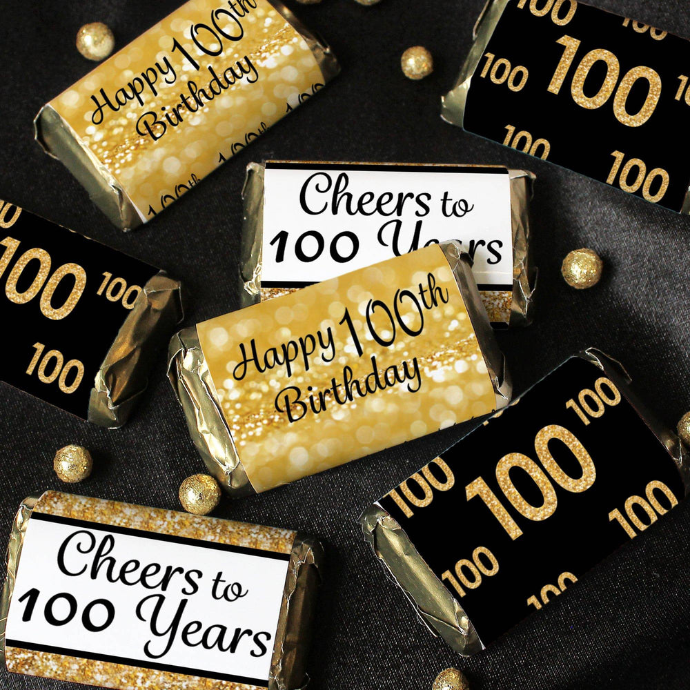 100th Birthday: Black and Gold - Adult Birthday -  Hershey's Miniatures Candy Bar Wrappers Stickers - 45 Pack - Distinctivs Party