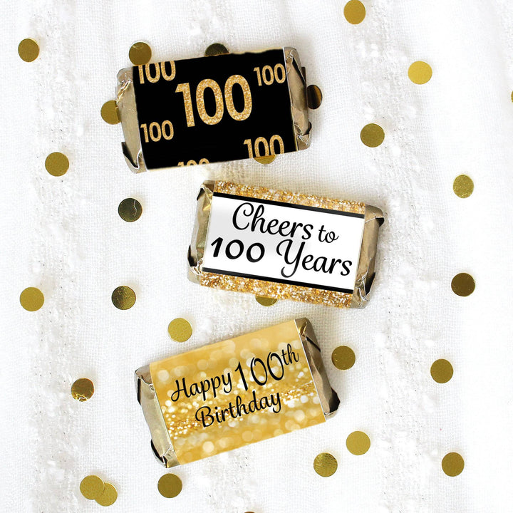 100th Birthday: Black and Gold - Adult Birthday -  Hershey's Miniatures Candy Bar Wrappers Stickers - 45 Pack - Distinctivs Party