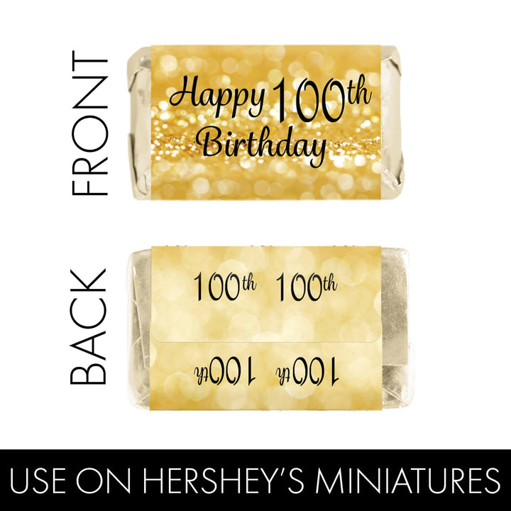 100th Birthday: Black and Gold - Adult Birthday -  Hershey's Miniatures Candy Bar Wrappers Stickers - 45 Pack - Distinctivs Party