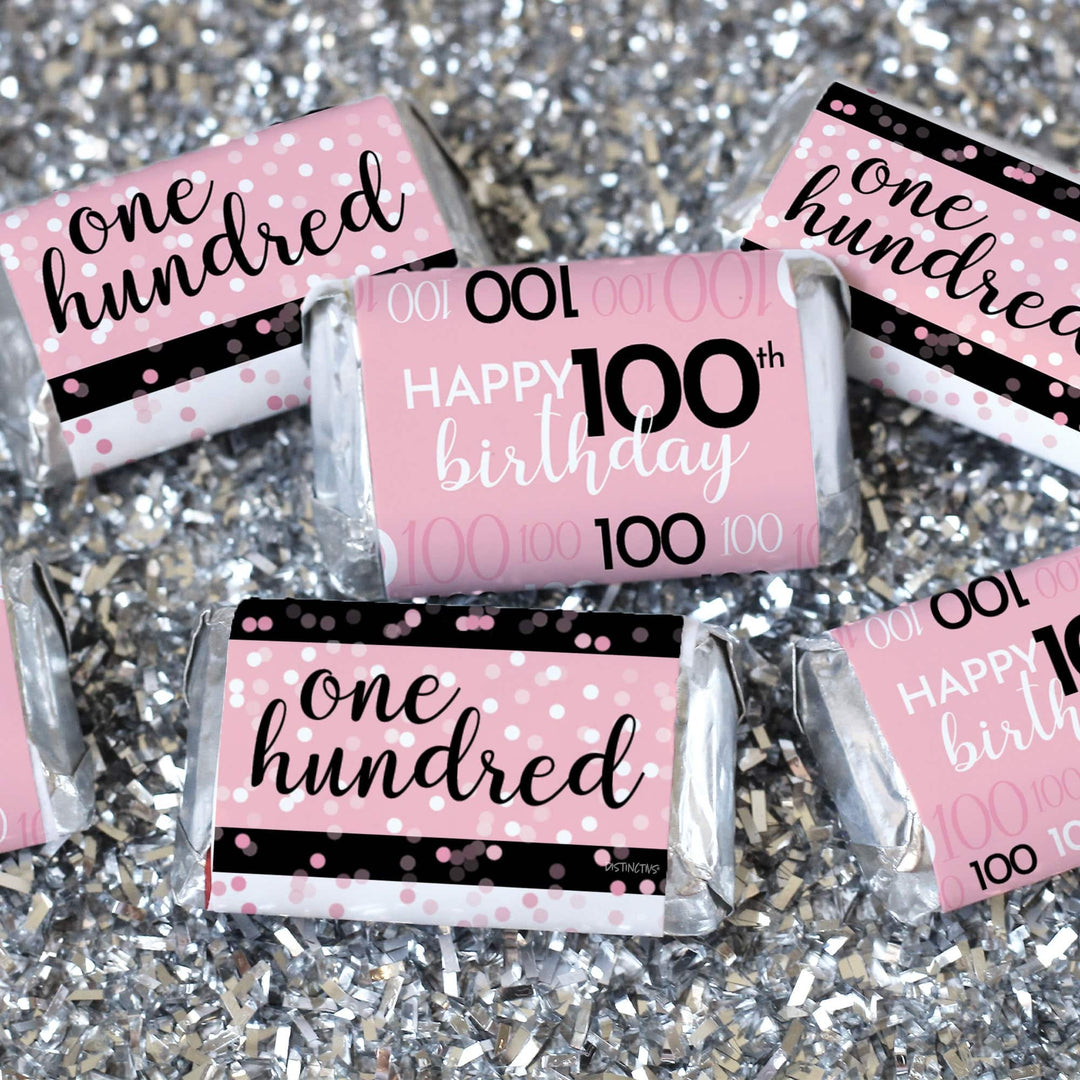 100th Birthday: Pink and Black - Adult Birthday - Hershey's Miniatures Candy Bar Wrappers Stickers - 45 Stickers - Distinctivs Party