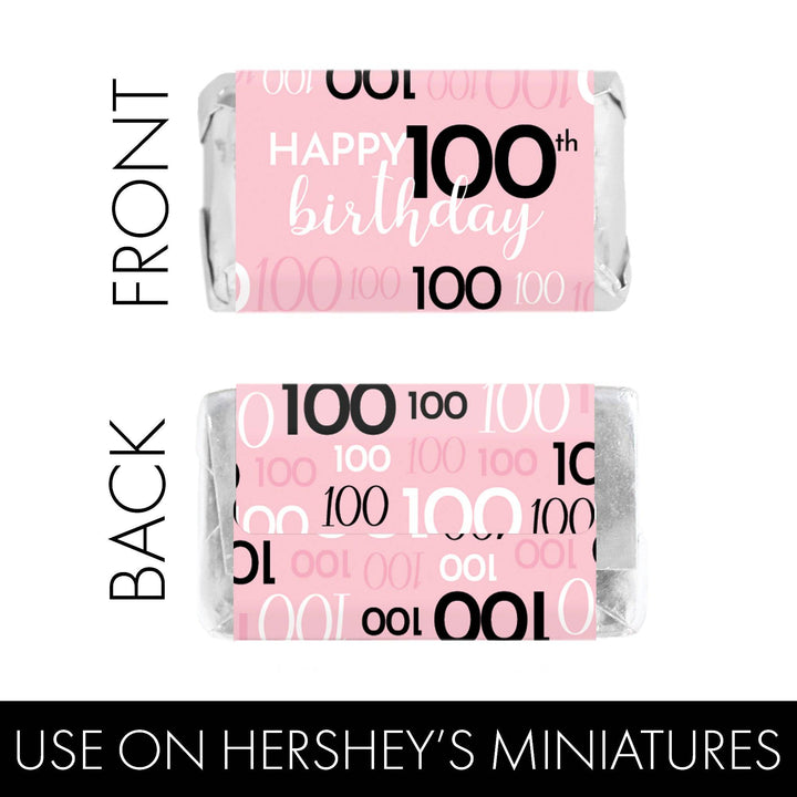 100th Birthday: Pink and Black - Adult Birthday - Hershey's Miniatures Candy Bar Wrappers Stickers - 45 Stickers - Distinctivs Party