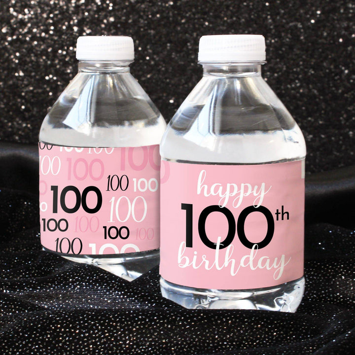 100th Birthday: Pink and Black - Adult Birthday - Water Bottle Label Stickers - 24 Waterproof Stickers - Distinctivs Party