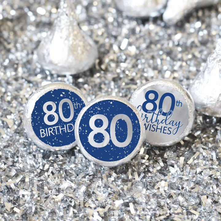 Blue and Silver 80th Birthday Stickers - Fits Hershey's Kisses Candy - 216 Labels