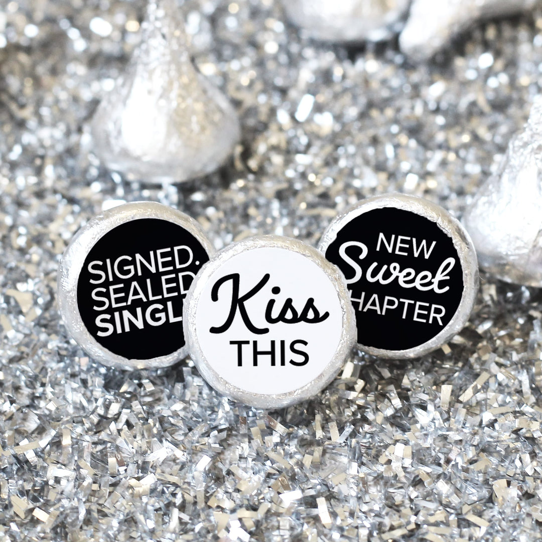 Signed Sealed Single Divorce Party Candy Stickers for Chocolate Kisses – 216 Black & White Party Favor Labels