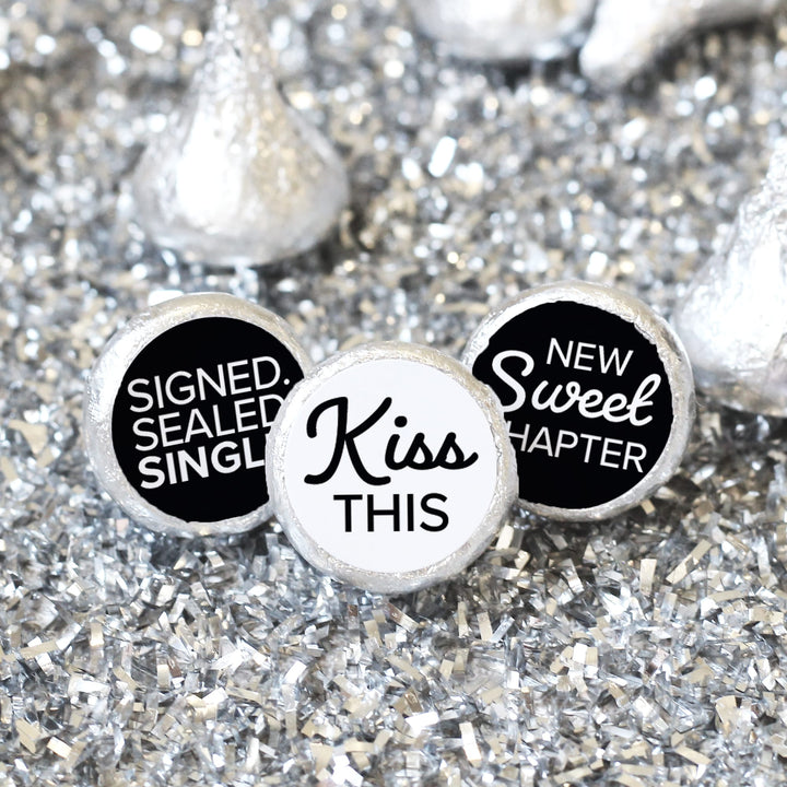 Signed Sealed Single Divorce Party Candy Stickers for Chocolate Kisses – 216 Black & White Party Favor Labels