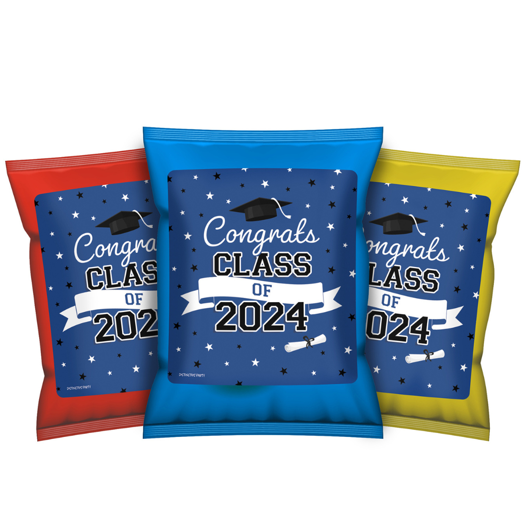 Promoción de graduación de 2024: obsequios para la fiesta de graduación - Pegatinas para bolsas de chips y bolsas de refrigerios - 10 colores escolares - 32 pegatinas