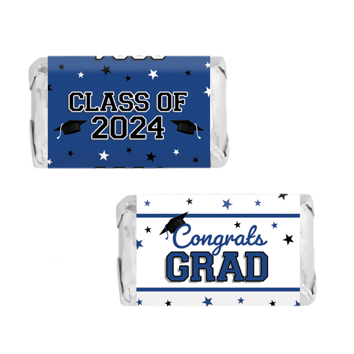 Promoción de graduación de 2024: obsequios para la fiesta de graduación - Mini etiquetas para envolver barras de chocolate y dulces - Se adapta a miniaturas Hershey® - 10 colores escolares - 45 pegatinas