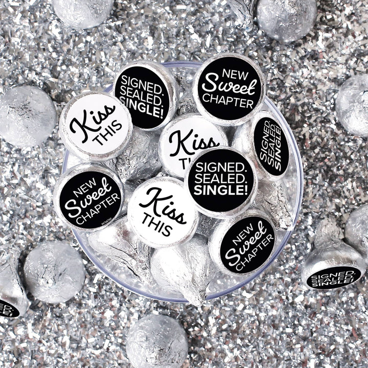 Signed Sealed Single Divorce Party Candy Stickers for Chocolate Kisses – 216 Black & White Party Favor Labels