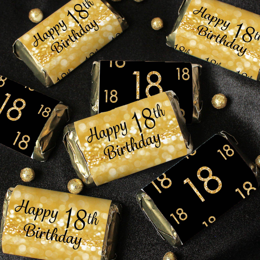 18th Birthday: Black and Gold - Hershey's Miniatures Candy Bar Wrappers Stickers - 45 Stickers - Distinctivs Party