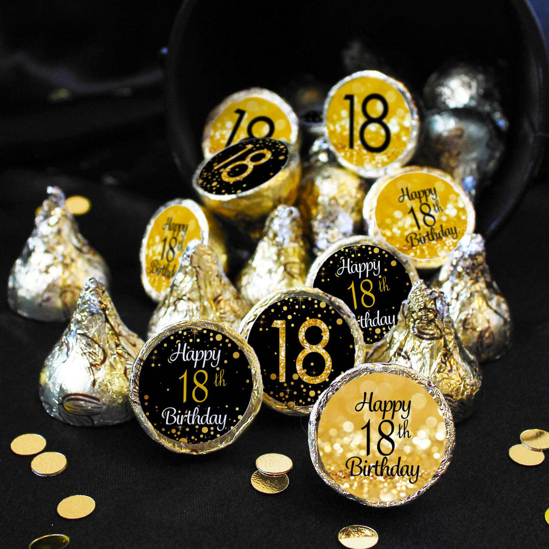 18th Birthday: Black and Gold - Party Favor Stickers - Fits on Hershey's Kisses - 180 Stickers - Distinctivs Party