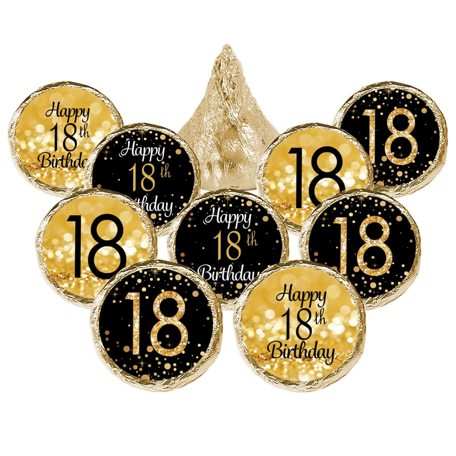 18th Birthday: Black and Gold - Party Favor Stickers - Fits on Hershey's Kisses - 180 Stickers - Distinctivs Party