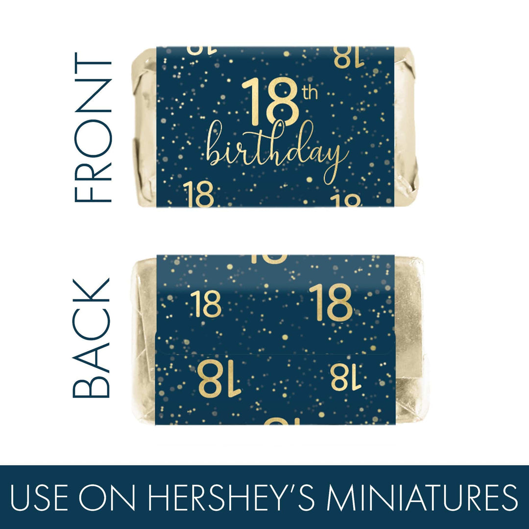 18th Birthday: Navy Blue & Gold - Adult Birthday -  Hershey's® Miniatures Candy Bar Wrappers Stickers - 45 Stickers - Distinctivs Party