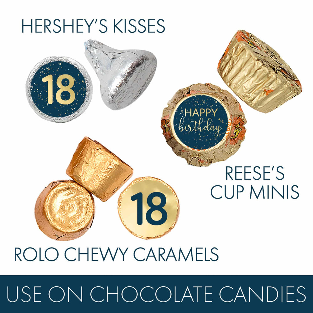 18th Birthday: Navy Blue & Gold - Adult Birthday - Party Favor Stickers Fits Hershey's Kisses Candy - 180 Count - Distinctivs Party