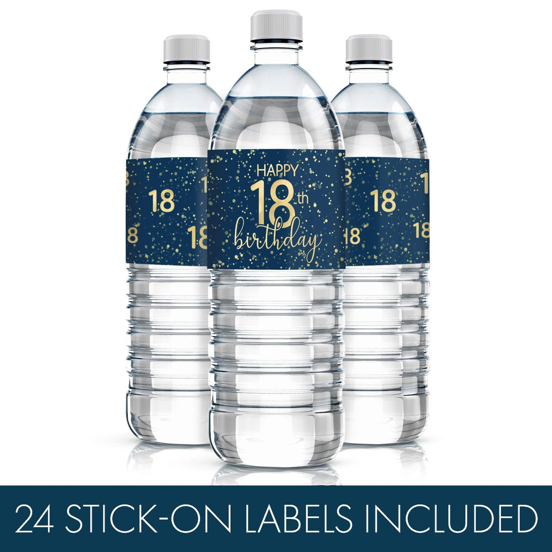 18th Birthday: Navy Blue & Gold - Adult Birthday -  Water Bottle Labels - 24 Waterproof Stickers - Distinctivs Party