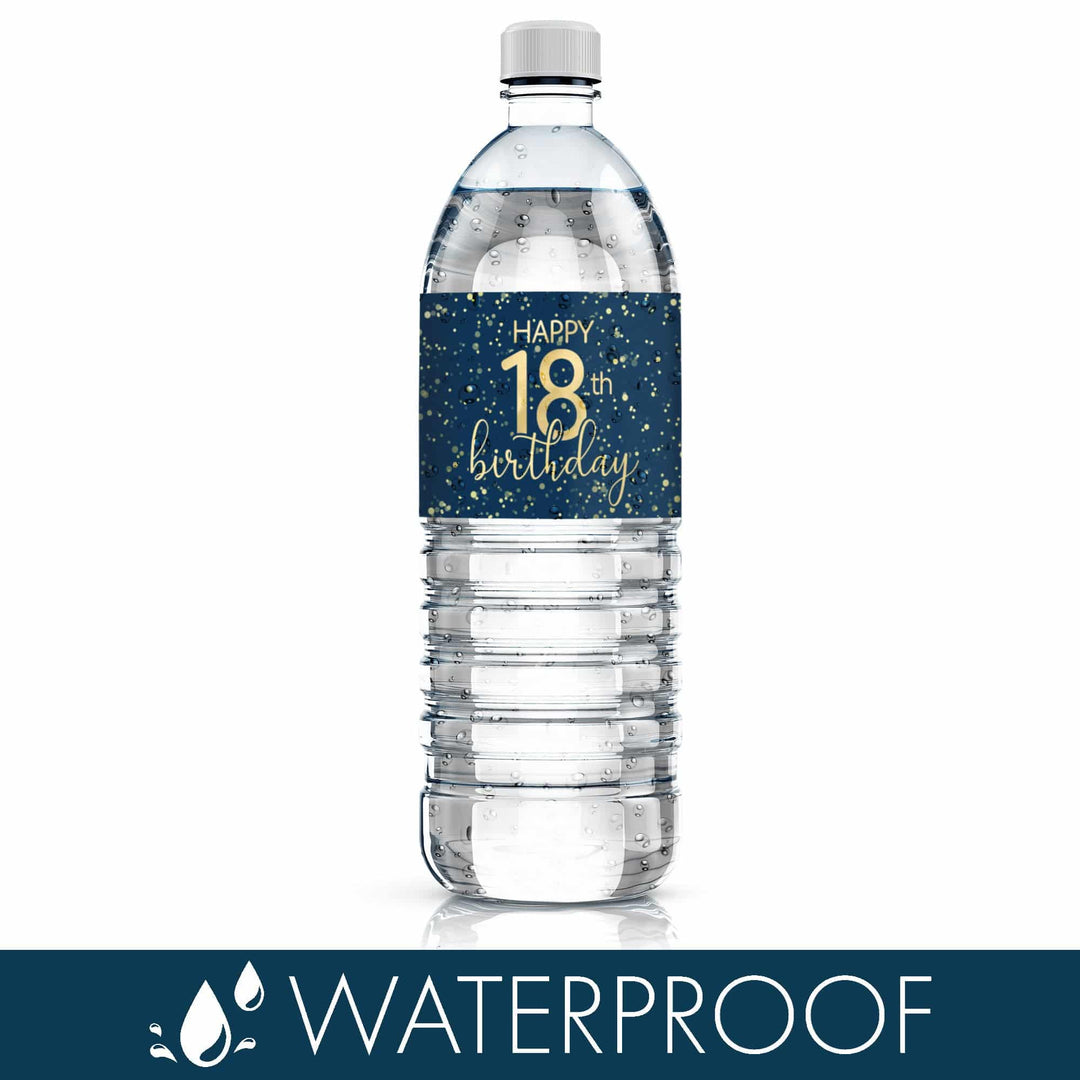 18th Birthday: Navy Blue & Gold - Adult Birthday -  Water Bottle Labels - 24 Waterproof Stickers - Distinctivs Party