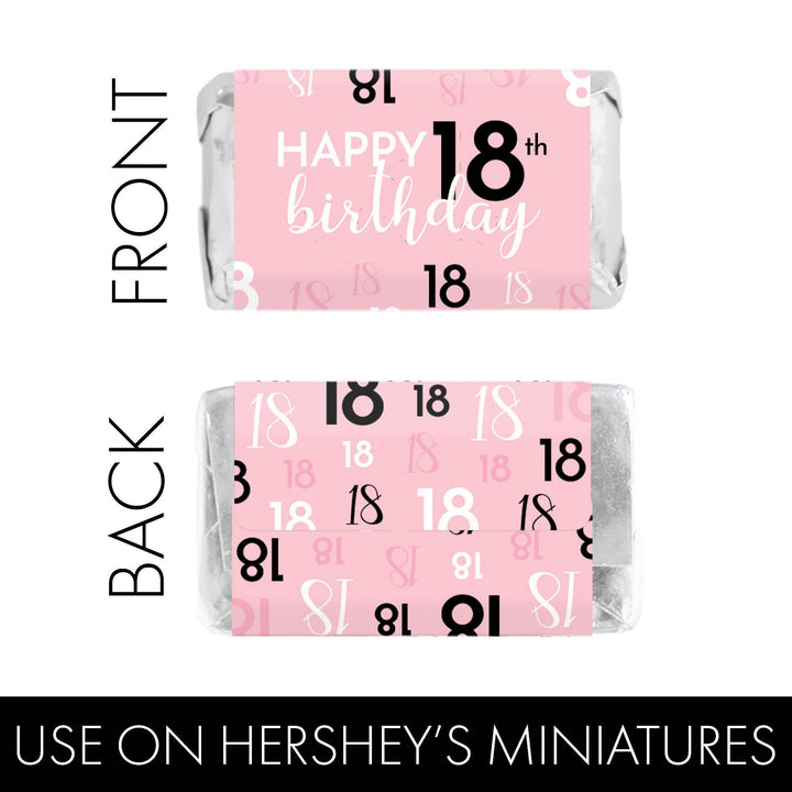 18th Birthday: Pink and Black - Adult Birthday - Hershey's Miniatures Candy Bar Wrappers Stickers - 45 Stickers - Distinctivs Party