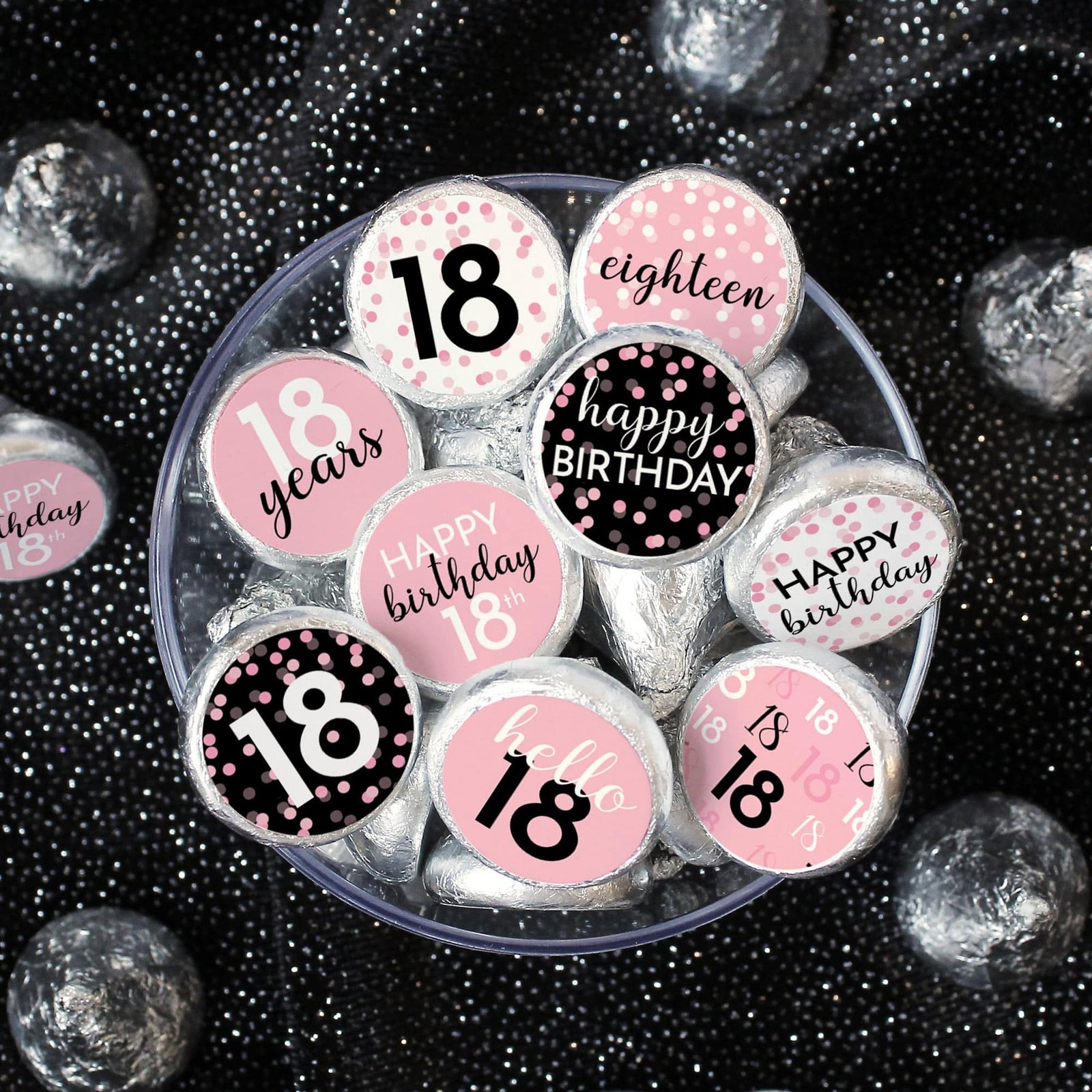 18th Birthday: Pink and Black - Adult Birthday - Party Favor Stickers - Fits on Hershey's Kisses - 180 Stickers - Distinctivs Party