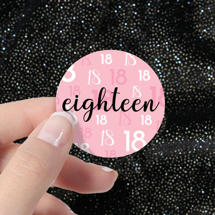 18th Birthday: Pink and Black - Adult Birthday - Round Favor Stickers - 40 Stickers - Distinctivs Party