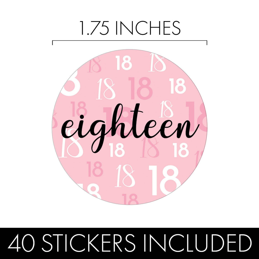 18th Birthday: Pink and Black - Adult Birthday - Round Favor Stickers - 40 Stickers - Distinctivs Party