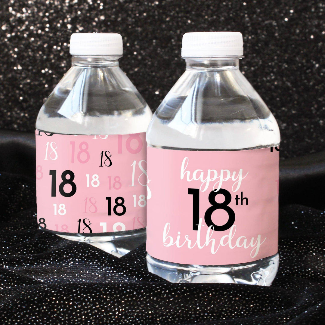 18th Birthday: Pink and Black - Adult Birthday - Water Bottle Label Stickers - 24 Waterproof Stickers - Distinctivs Party