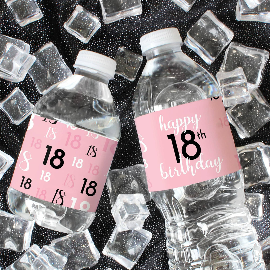 18th Birthday: Pink and Black - Adult Birthday - Water Bottle Label Stickers - 24 Waterproof Stickers - Distinctivs Party