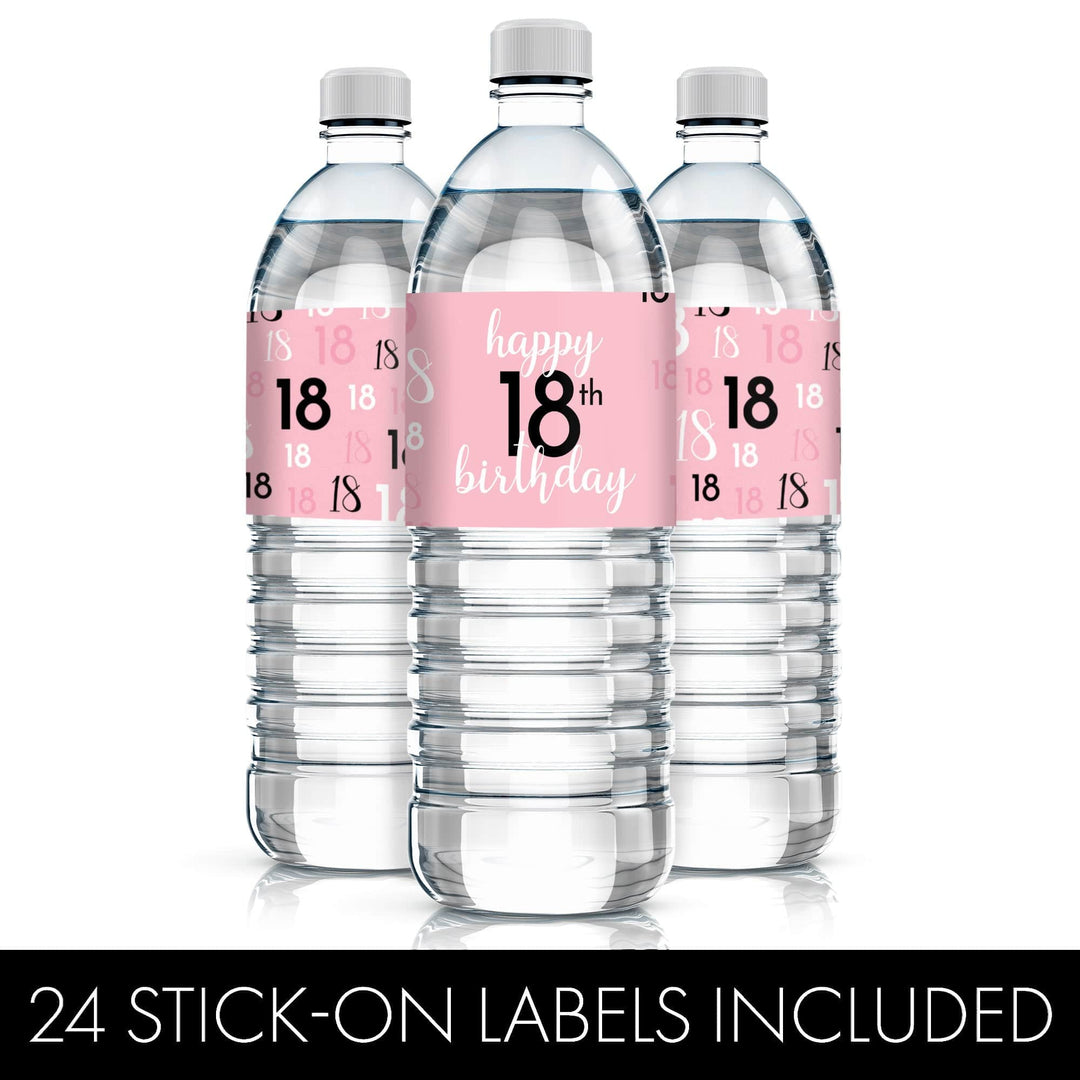 18th Birthday: Pink and Black - Adult Birthday - Water Bottle Label Stickers - 24 Waterproof Stickers - Distinctivs Party