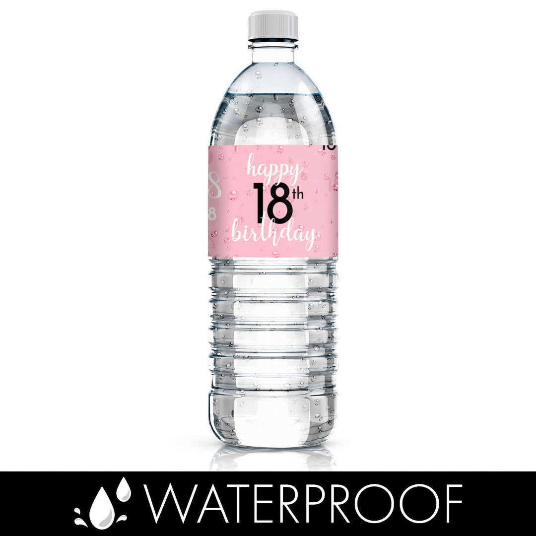 18th Birthday: Pink and Black - Adult Birthday - Water Bottle Label Stickers - 24 Waterproof Stickers - Distinctivs Party