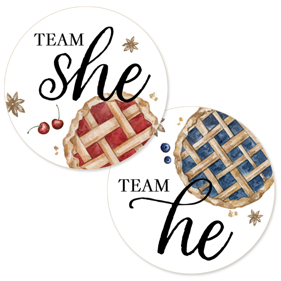 Cutie Pie Gender Reveal Party Stickers - Team He or Team She - 40 pack (1.75" Round)