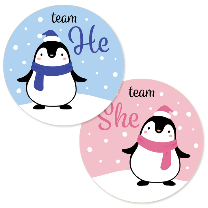 Penguin Gender Reveal Stickers Team He or Team She Stickers - 40 Stickers